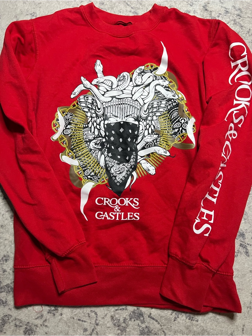 Crooks & Castles Red Crewneck with Bold Multi-Color Chest Graphic